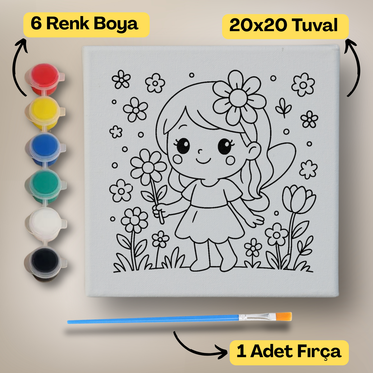 20x20 Çocuklar İçin Boyama Tuvali Seti – 6 Renk Boya + Fırça Dahil - 110 ürün görseli