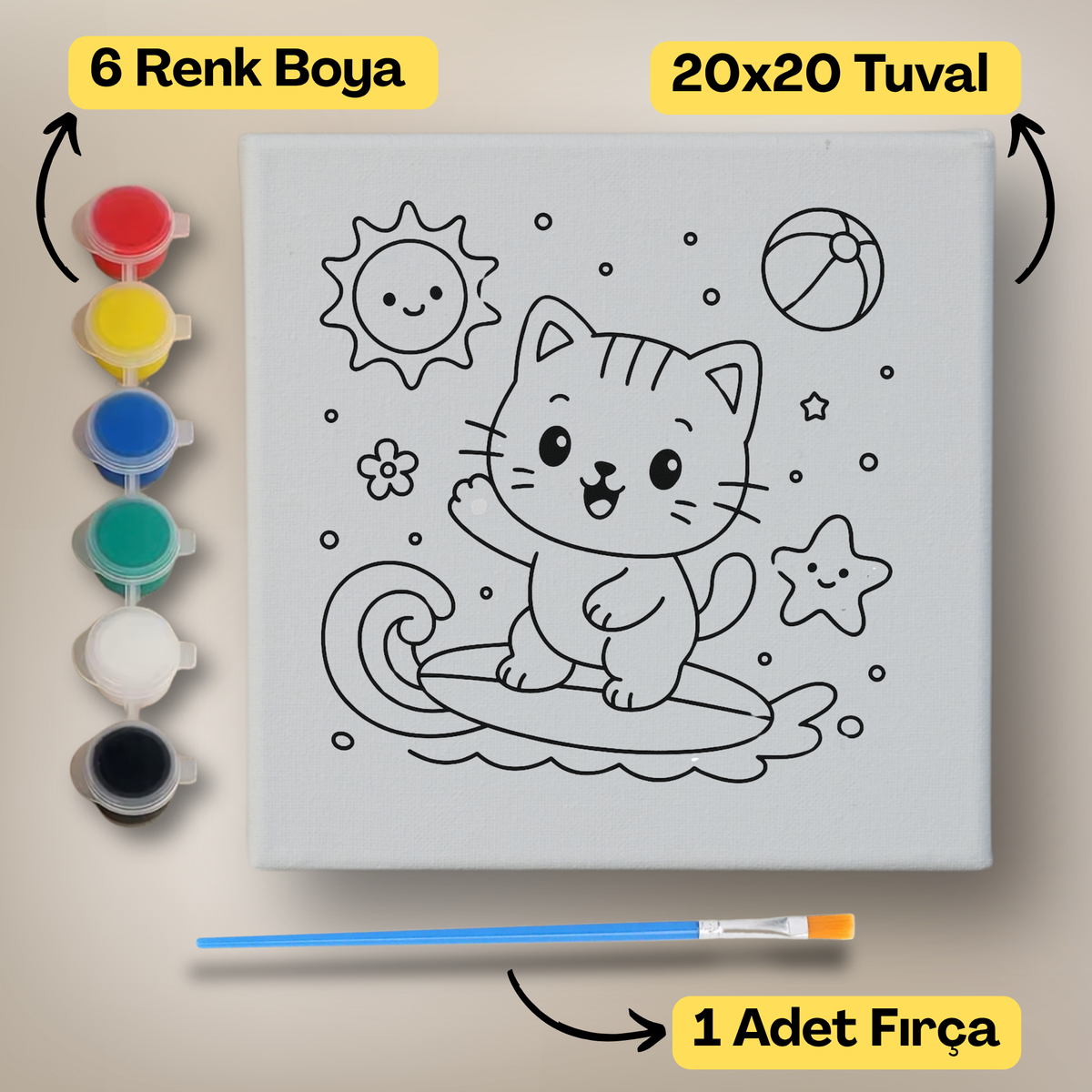 20x20 Çocuklar İçin Boyama Tuvali Seti – 6 Renk Boya + Fırça Dahil - 112 ürün görseli