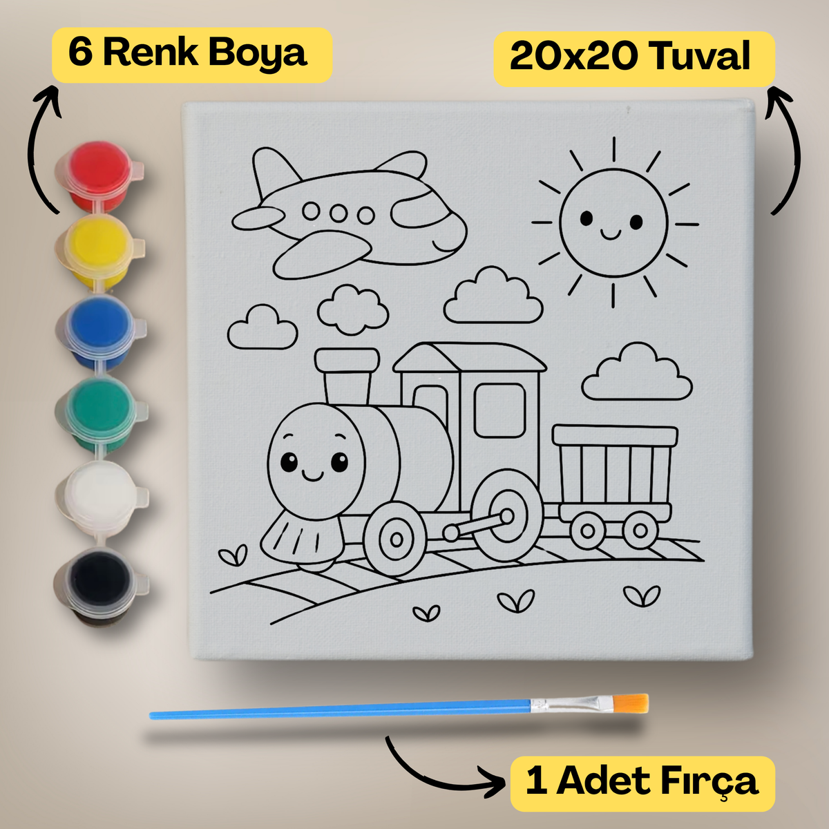20x20 Çocuklar İçin Boyama Tuvali Seti – 6 Renk Boya + Fırça Dahil - 117 ürün görseli