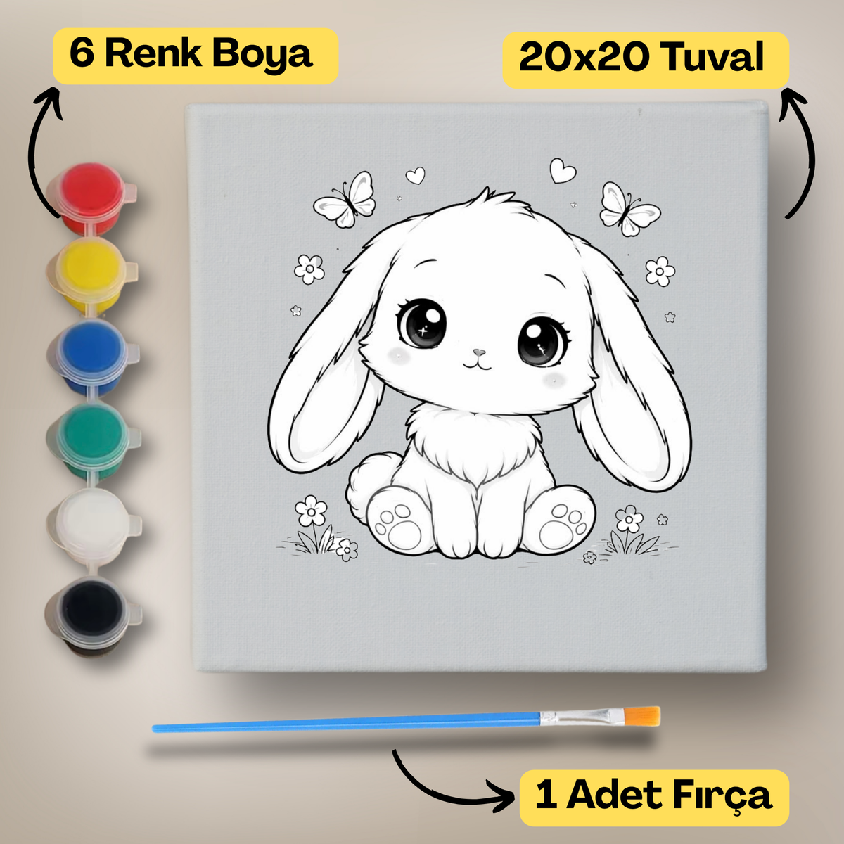20x20 Çocuklar İçin Boyama Tuvali Seti – 6 Renk Boya + Fırça Dahil - 198 ürün görseli