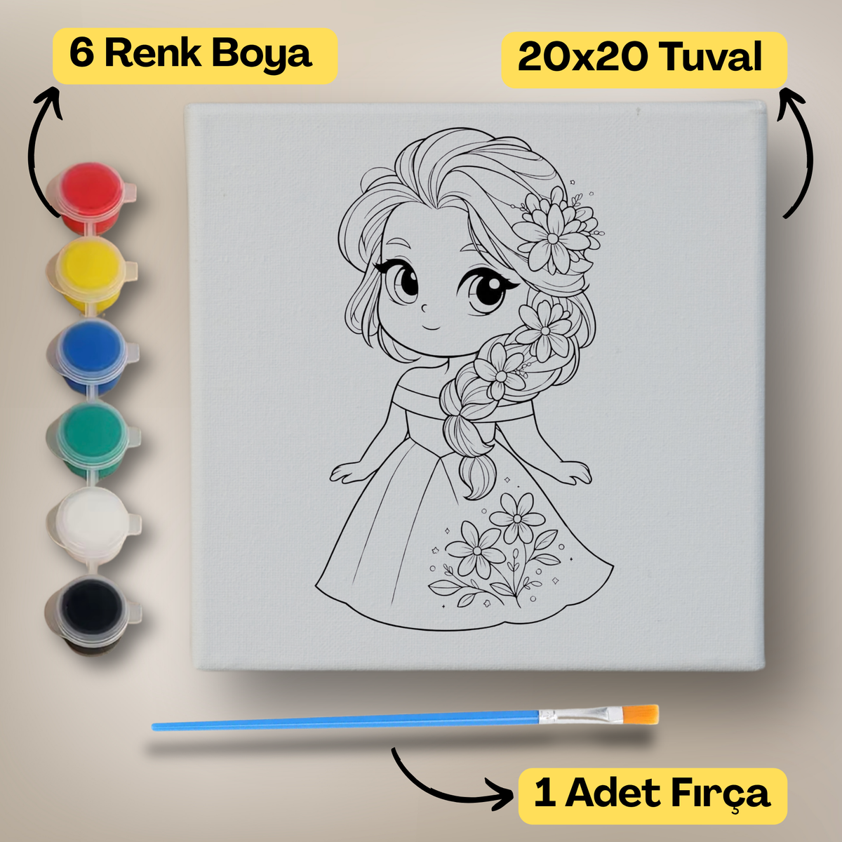 20x20 Çocuklar İçin Boyama Tuvali Seti – 6 Renk Boya + Fırça Dahil - a12 ürün görseli