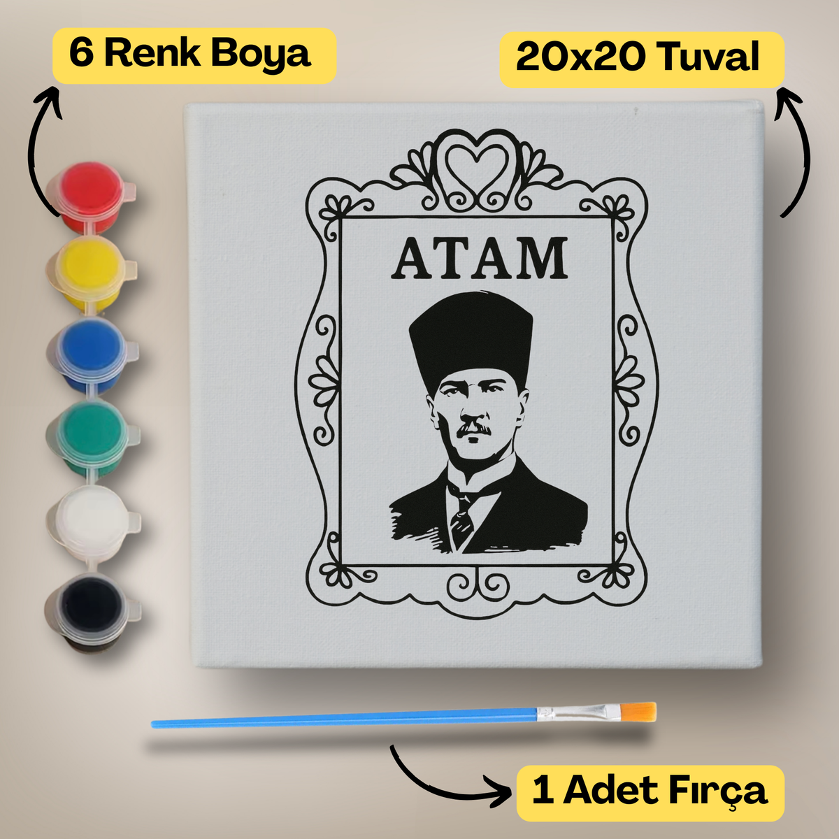 20x20 Çocuklar İçin Boyama Tuvali Seti – 6 Renk Boya + Fırça Dahil - c-2 ürün görseli