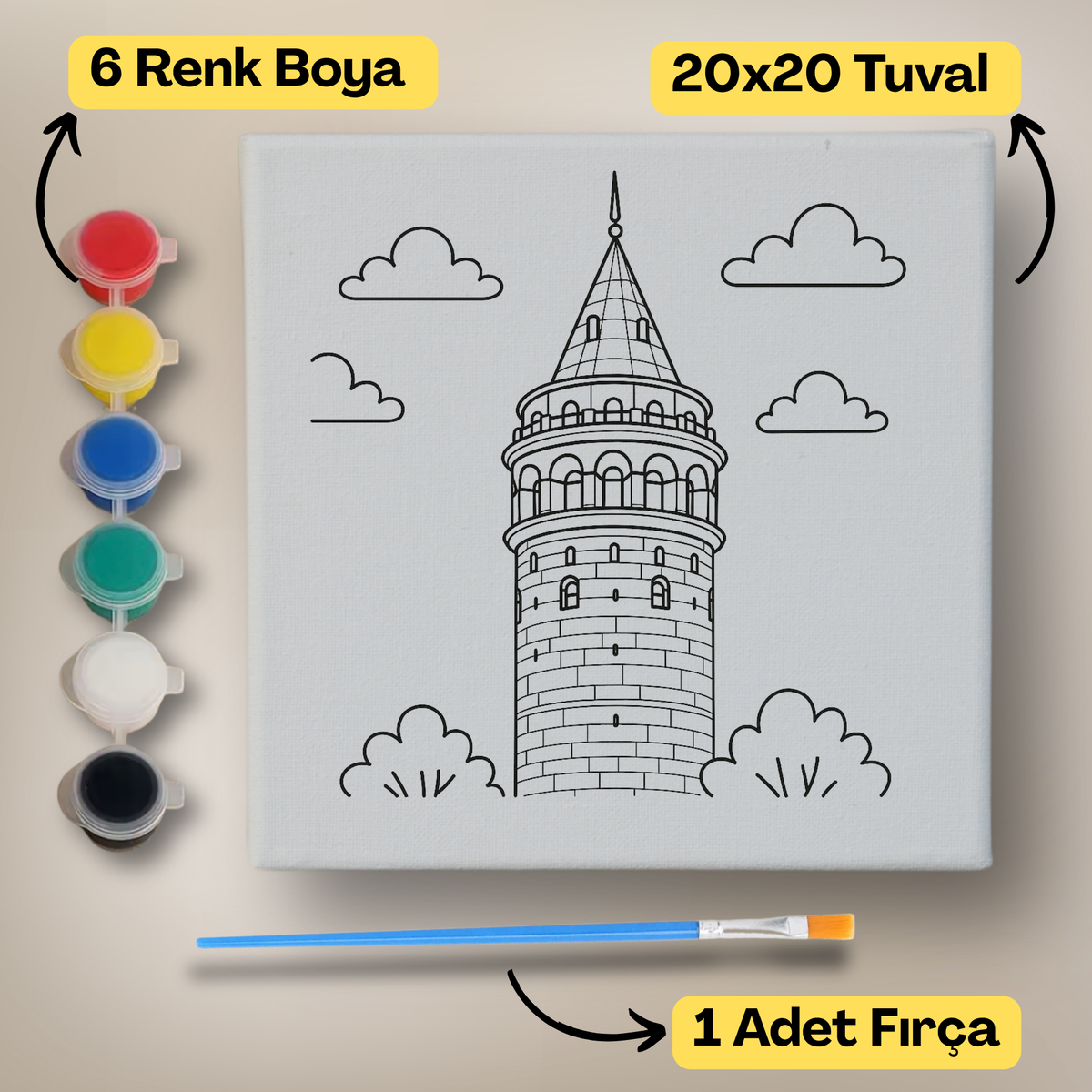 20x20 Çocuklar İçin Boyama Tuvali Seti – 6 Renk Boya + Fırça Dahil - galata ürün görseli
