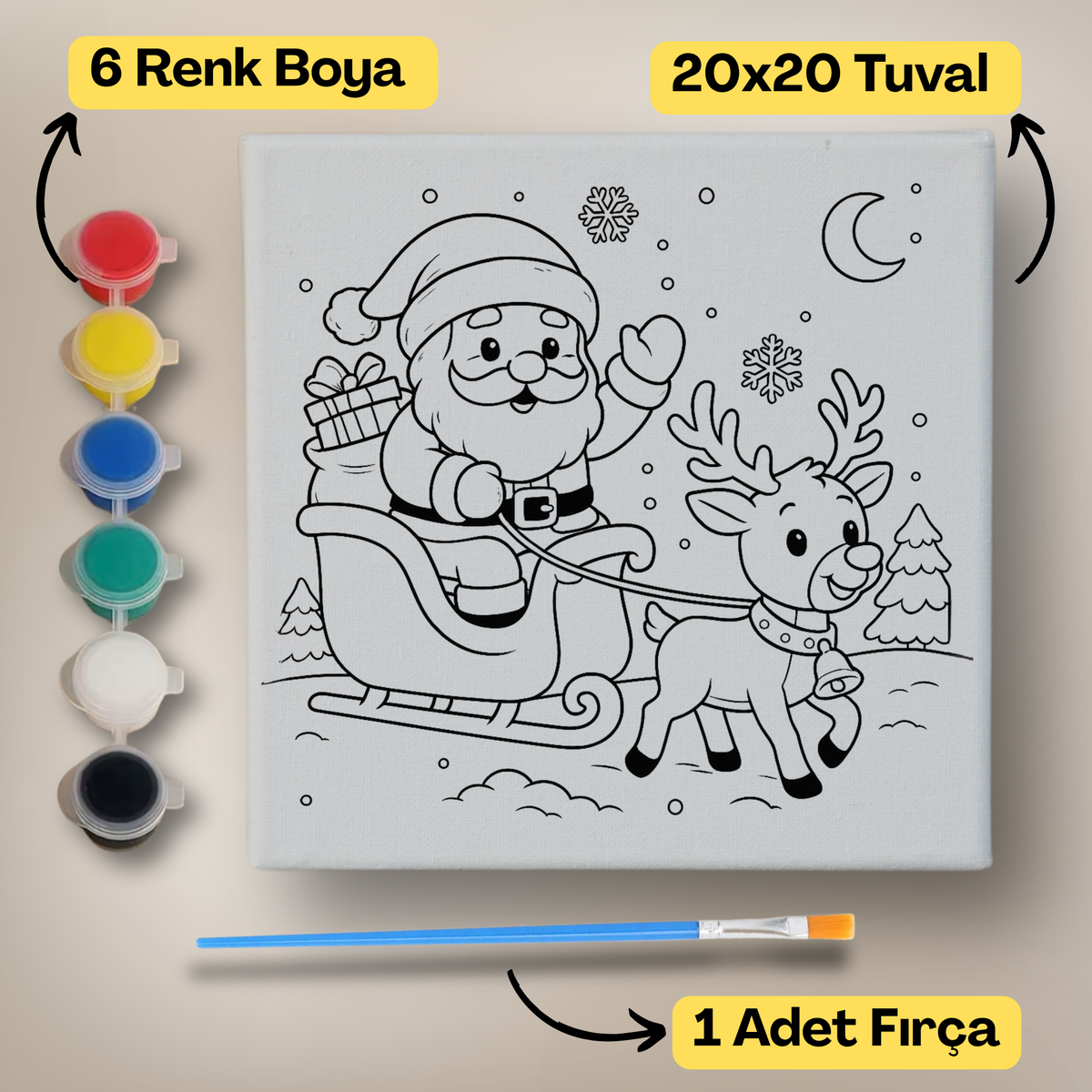 20x20 Çocuklar İçin Boyama Tuvali Seti – 6 Renk Boya + Fırça Dahil - noel-3 ürün görseli