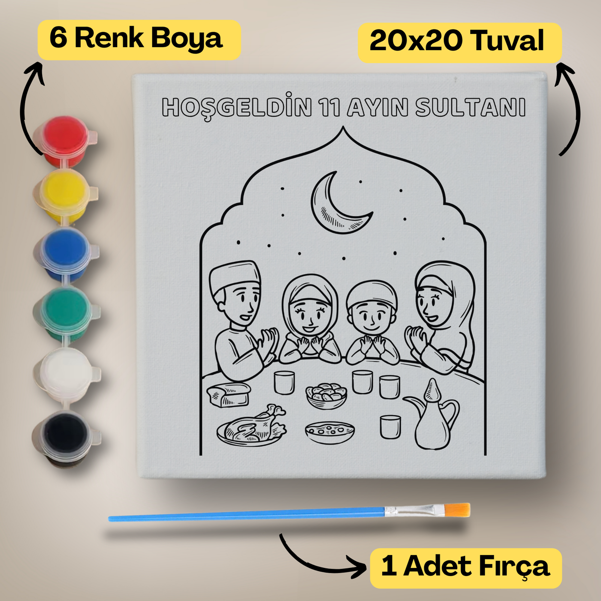 20x20 Çocuklar İçin Boyama Tuvali Seti – 6 Renk Boya + Fırça Dahil - ramazan-2 ürün görseli