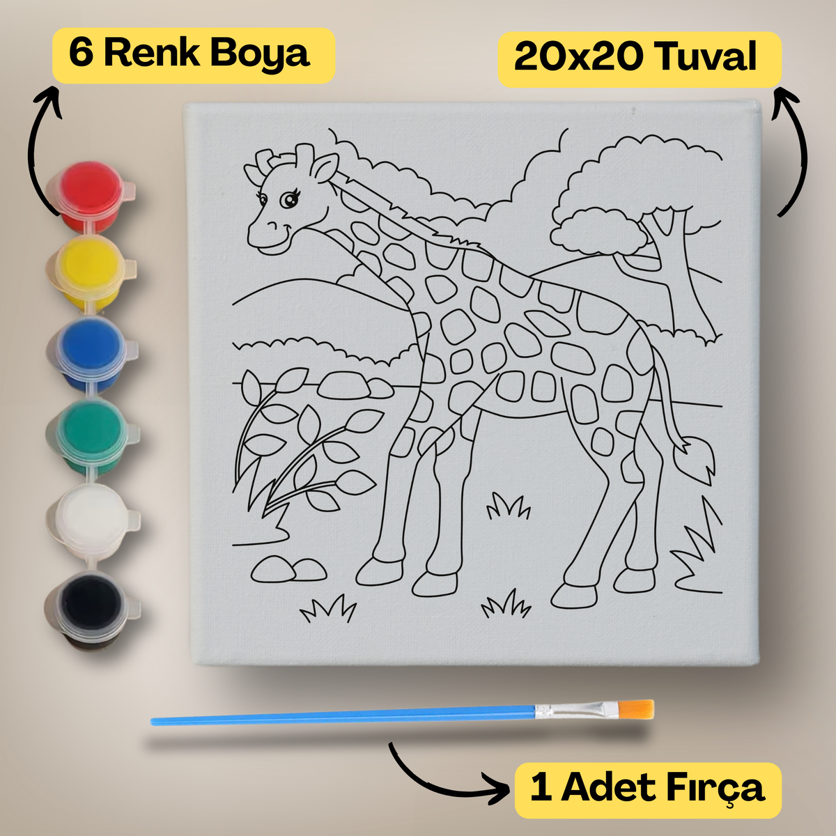 20x20 Çocuklar İçin Boyama Tuvali Seti – 6 Renk Boya + Fırça Dahil - t11 ürün görseli