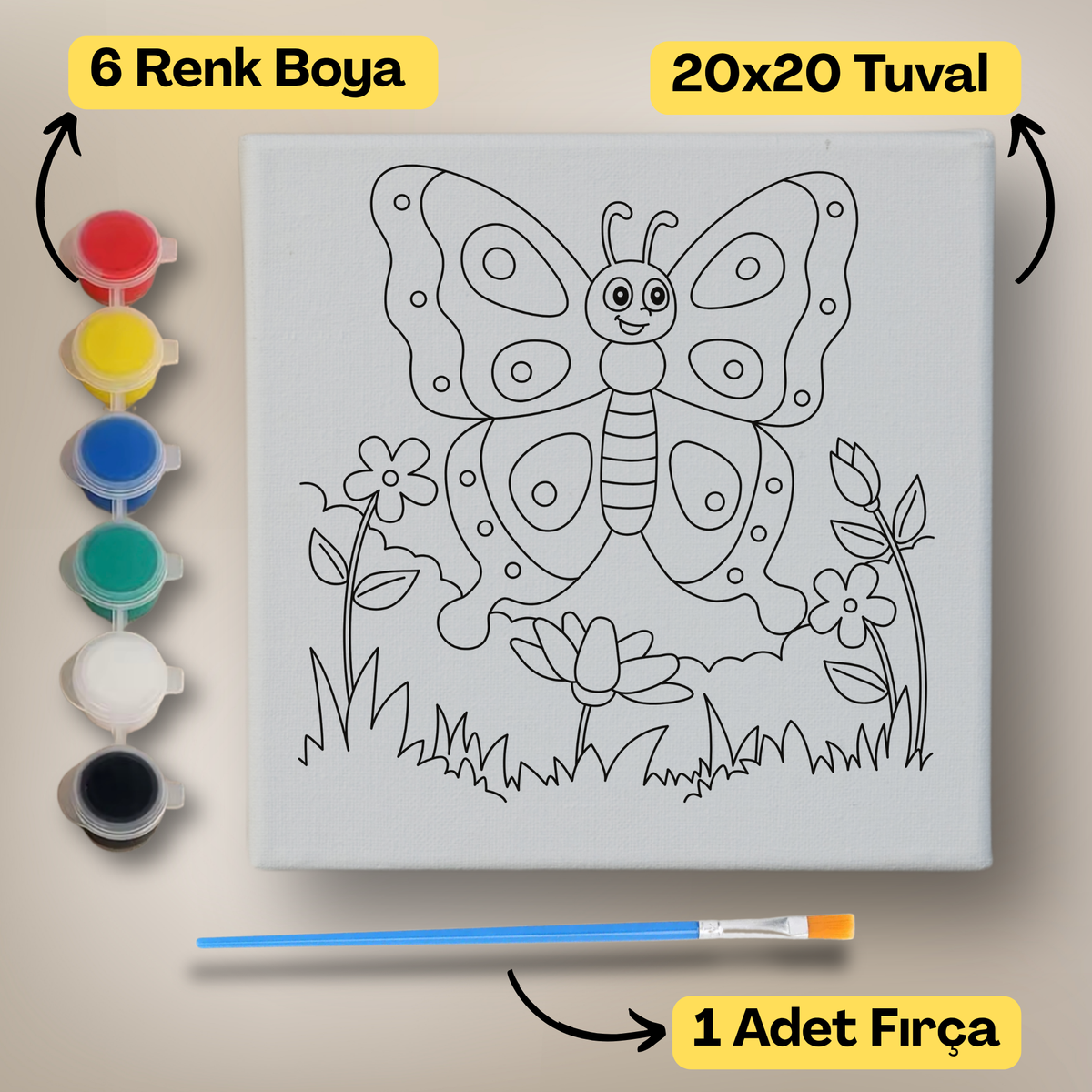 20x20 Çocuklar İçin Boyama Tuvali Seti – 6 Renk Boya + Fırça Dahil - t14 ürün görseli