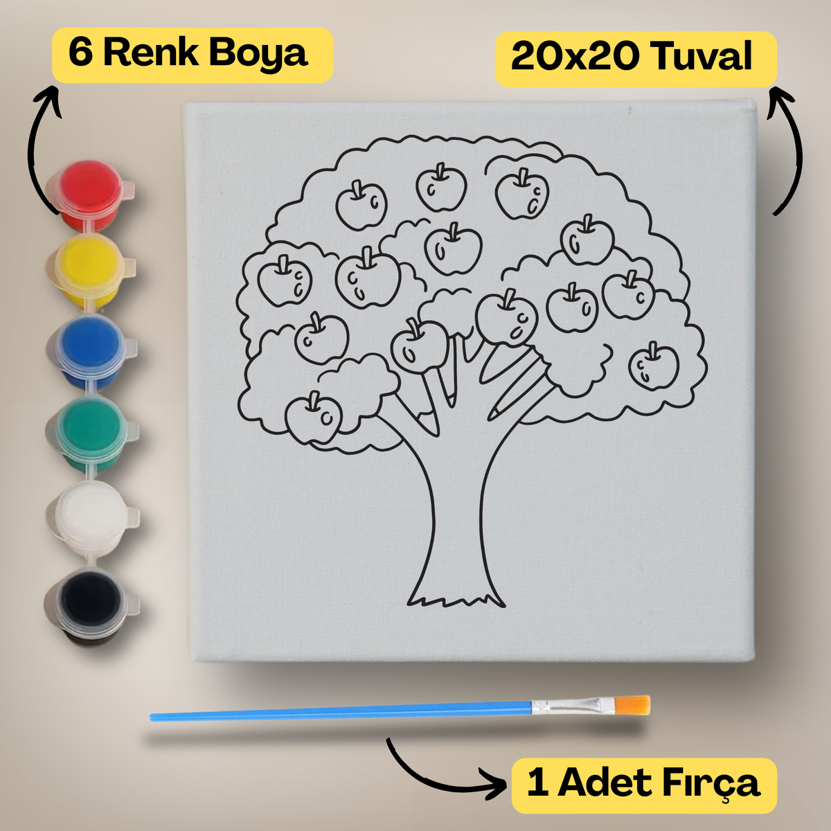 20x20 Çocuklar İçin Boyama Tuvali Seti – 6 Renk Boya + Fırça Dahil - t18 ürün görseli