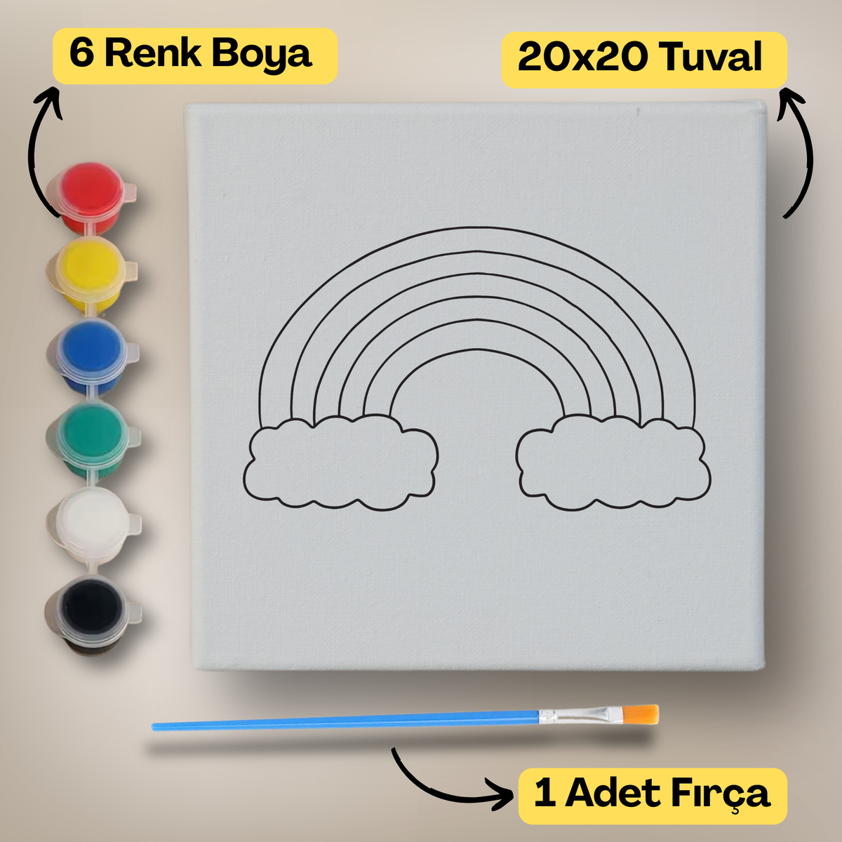 20x20 Çocuklar İçin Boyama Tuvali Seti – 6 Renk Boya + Fırça Dahil - t9 ürün görseli