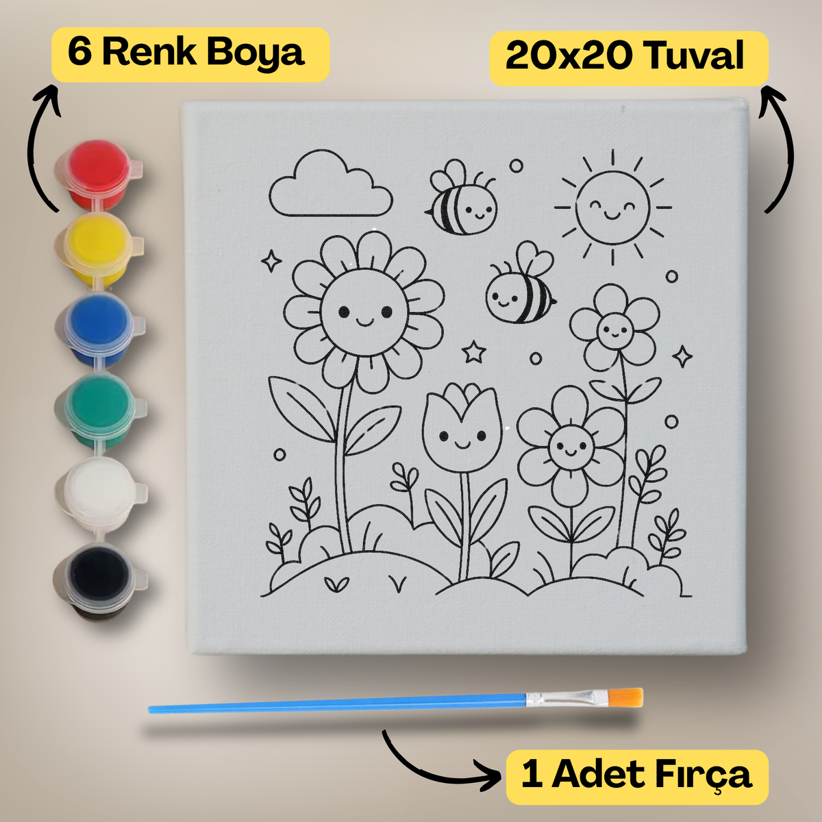 20x20 Çocuklar İçin Boyama Tuvali Seti – 6 Renk Boya + Fırça Dahil - 107 ürün görseli