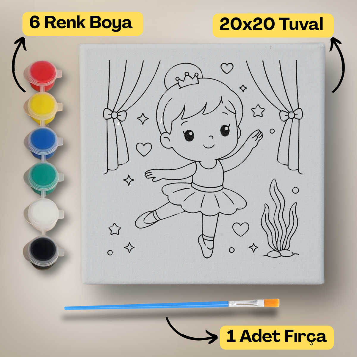20x20 Çocuklar İçin Boyama Tuvali Seti – 6 Renk Boya + Fırça Dahil - 108 ürün görseli