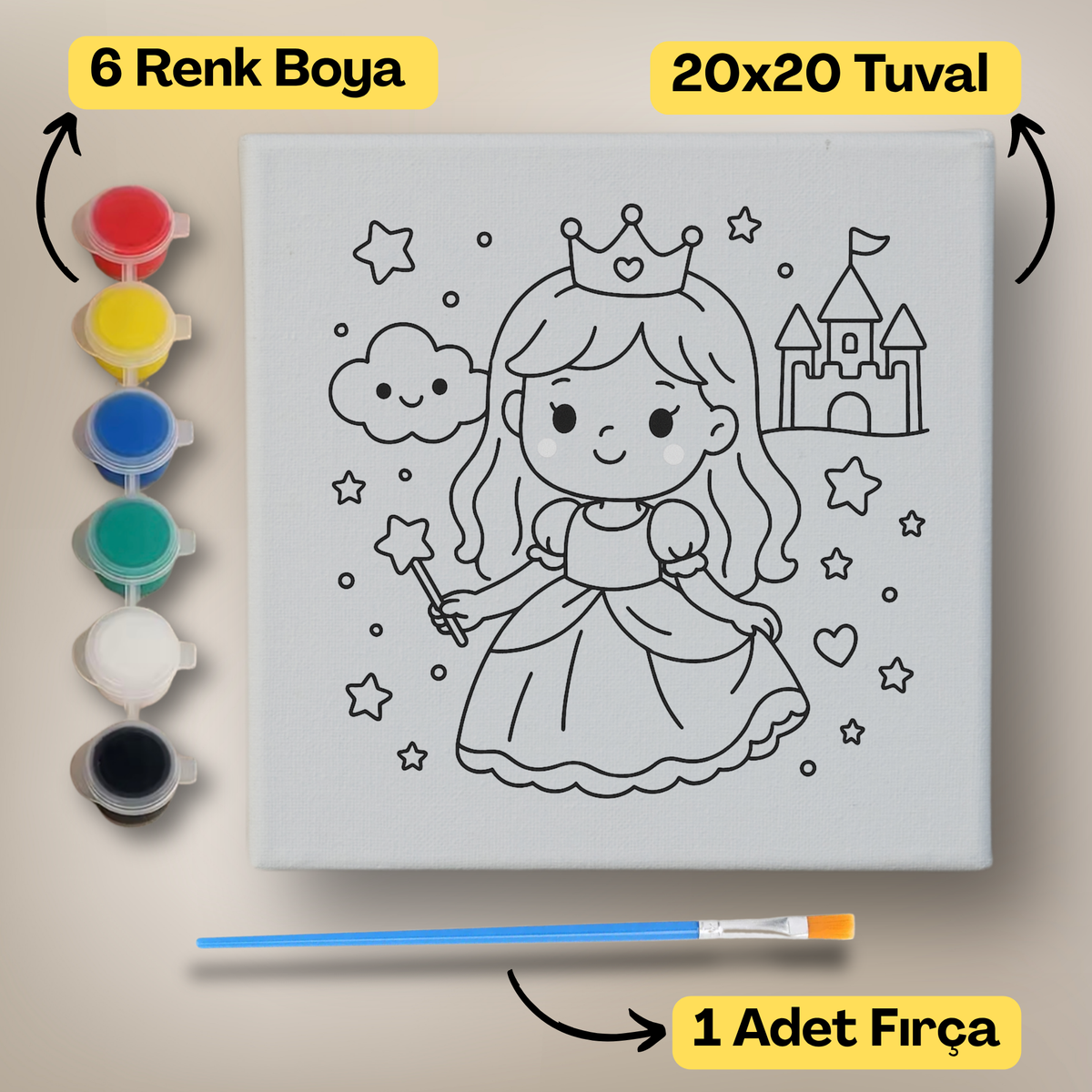 20x20 Çocuklar İçin Boyama Tuvali Seti – 6 Renk Boya + Fırça Dahil - 111 ürün görseli