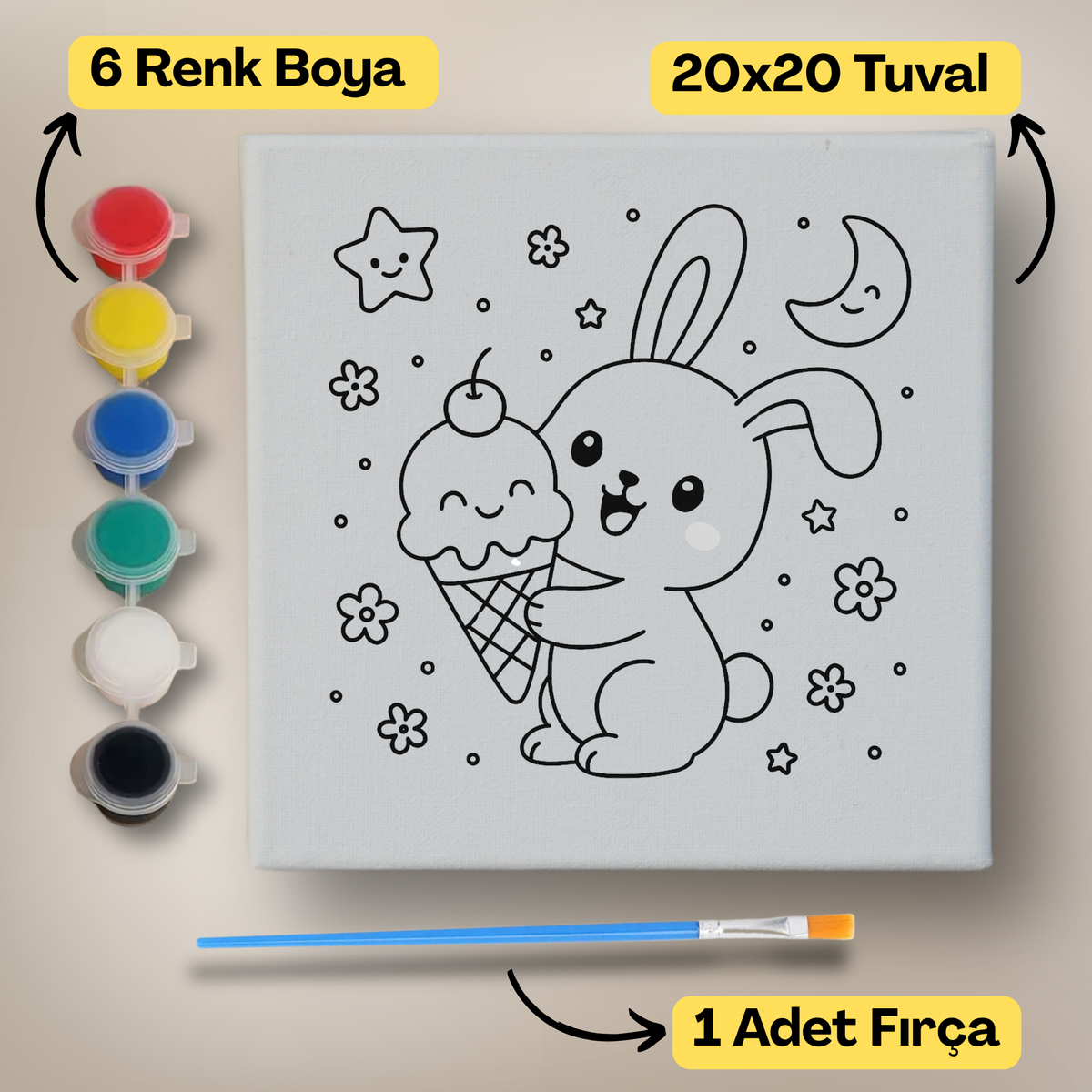 20x20 Çocuklar İçin Boyama Tuvali Seti – 6 Renk Boya + Fırça Dahil - 114 ürün görseli