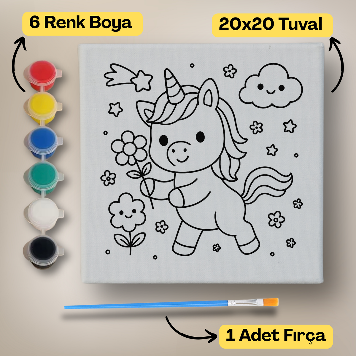 20x20 Çocuklar İçin Boyama Tuvali Seti – 6 Renk Boya + Fırça Dahil - 115 ürün görseli