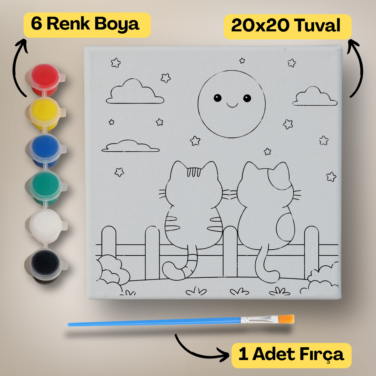 20x20 Çocuklar İçin Boyama Tuvali Seti – 6 Renk Boya + Fırça Dahil - 125 ürün görseli