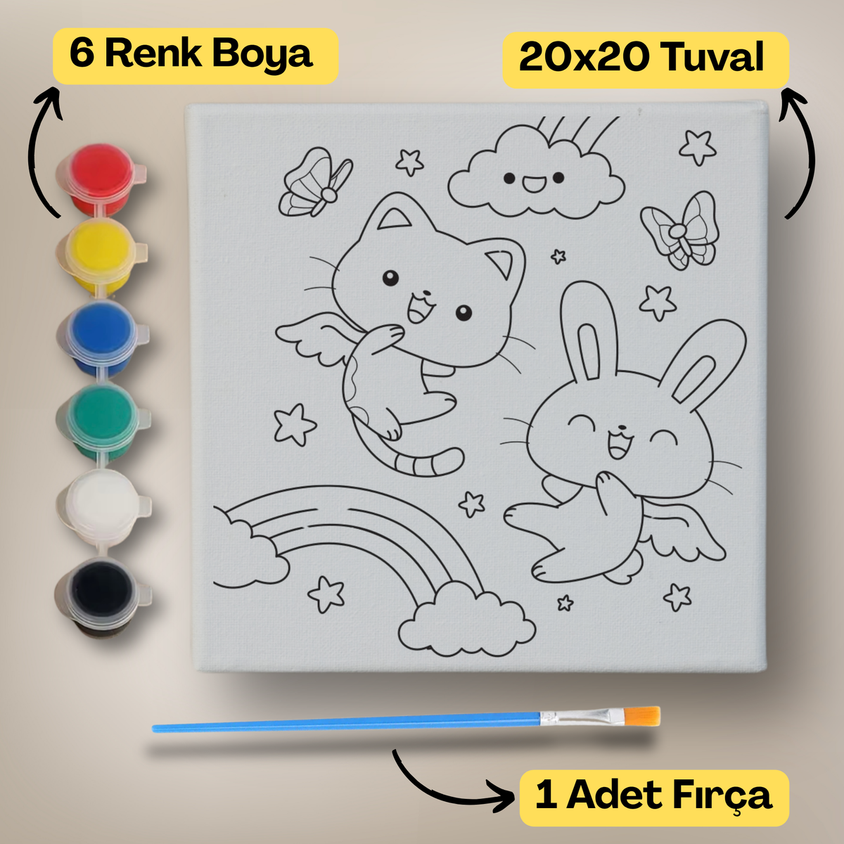 20x20 Çocuklar İçin Boyama Tuvali Seti – 6 Renk Boya + Fırça Dahil - 127 ürün görseli