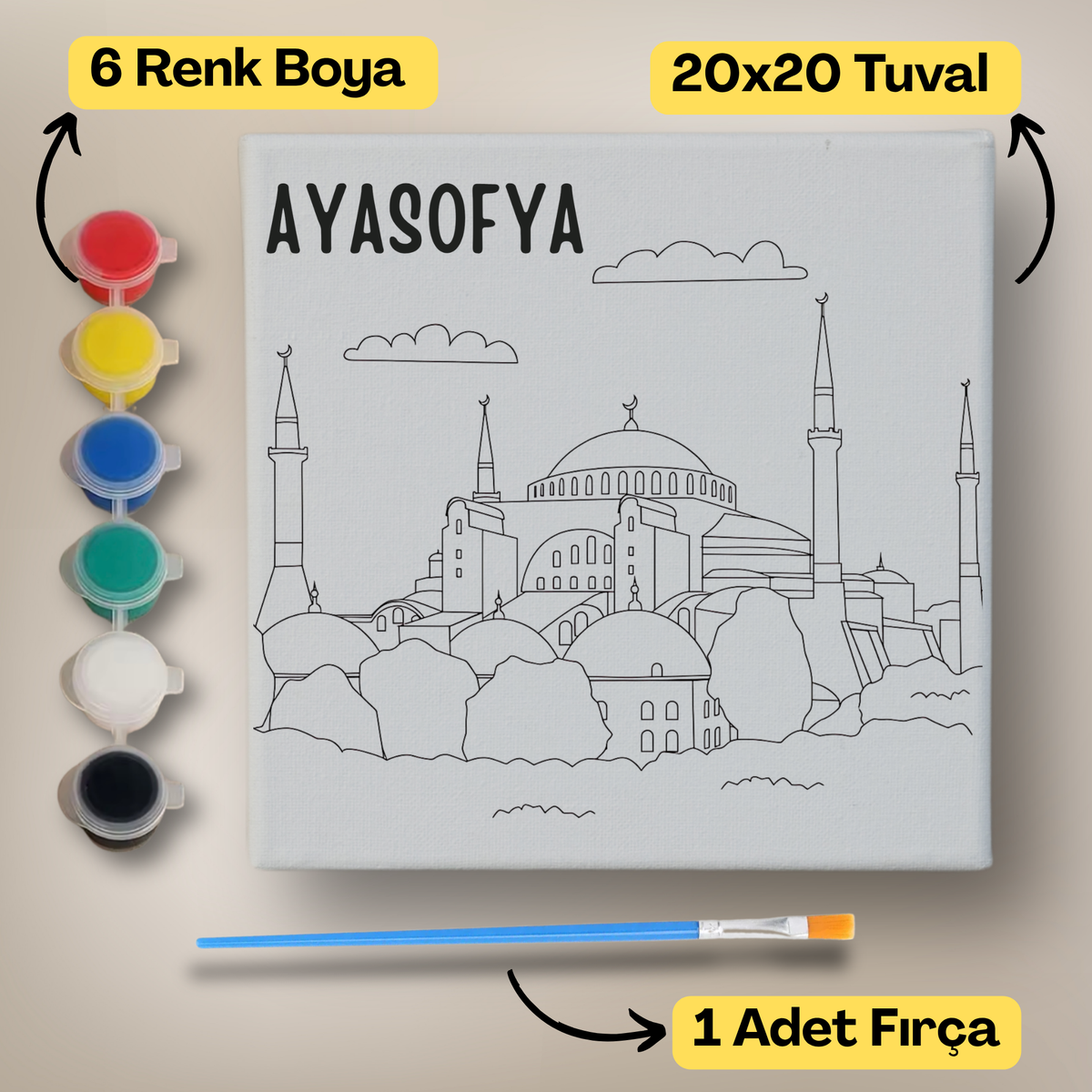 20x20 Çocuklar İçin Boyama Tuvali Seti – 6 Renk Boya + Fırça Dahil - 146 ürün görseli
