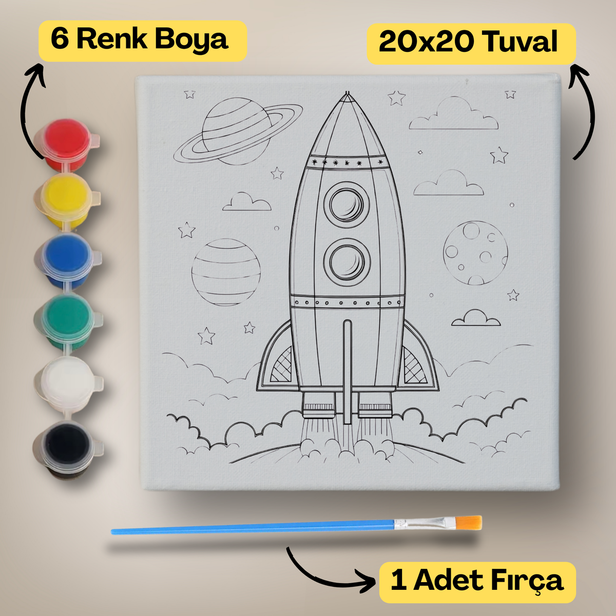 20x20 Çocuklar İçin Boyama Tuvali Seti – 6 Renk Boya + Fırça Dahil - 154 ürün görseli