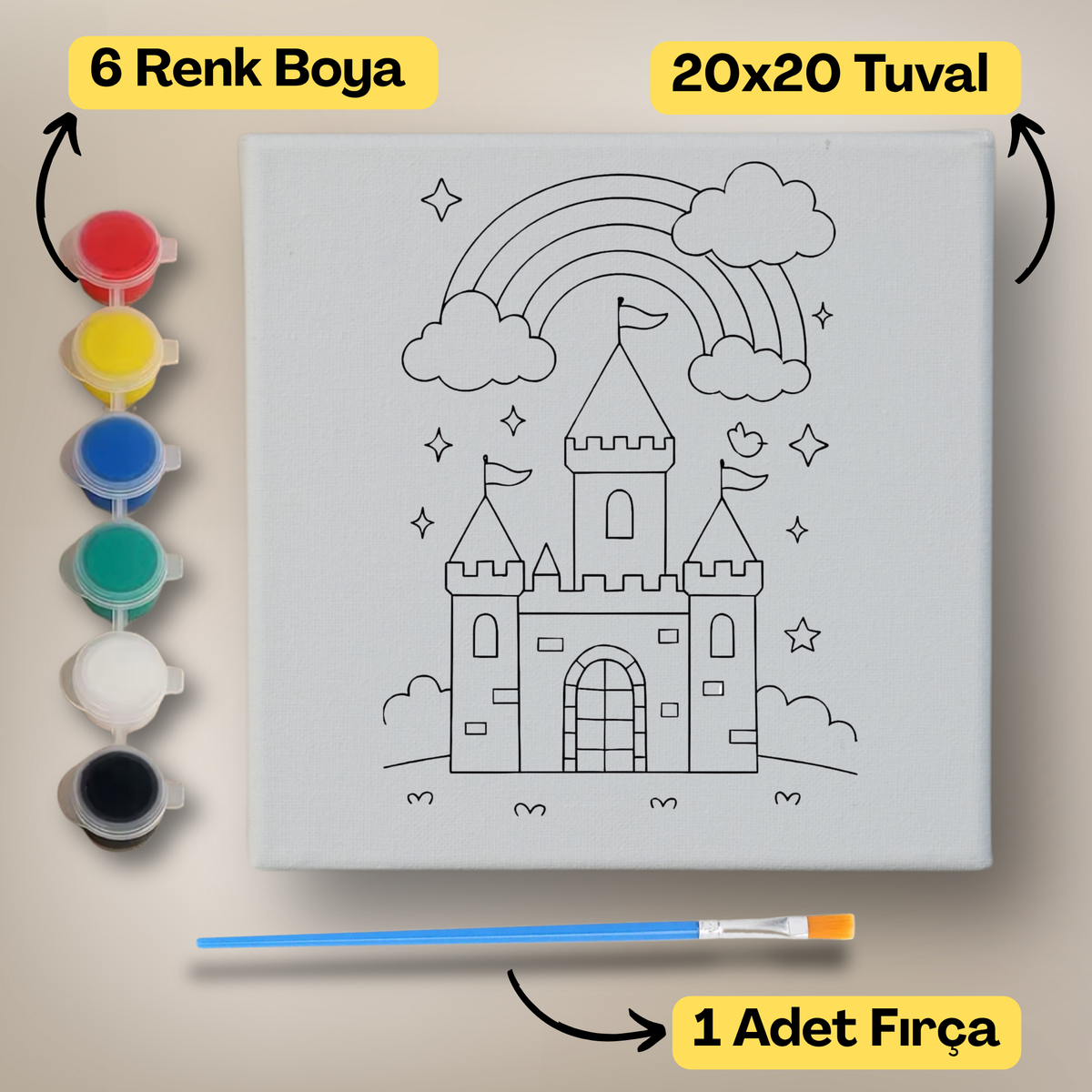 20x20 Çocuklar İçin Boyama Tuvali Seti – 6 Renk Boya + Fırça Dahil - 158 ürün görseli