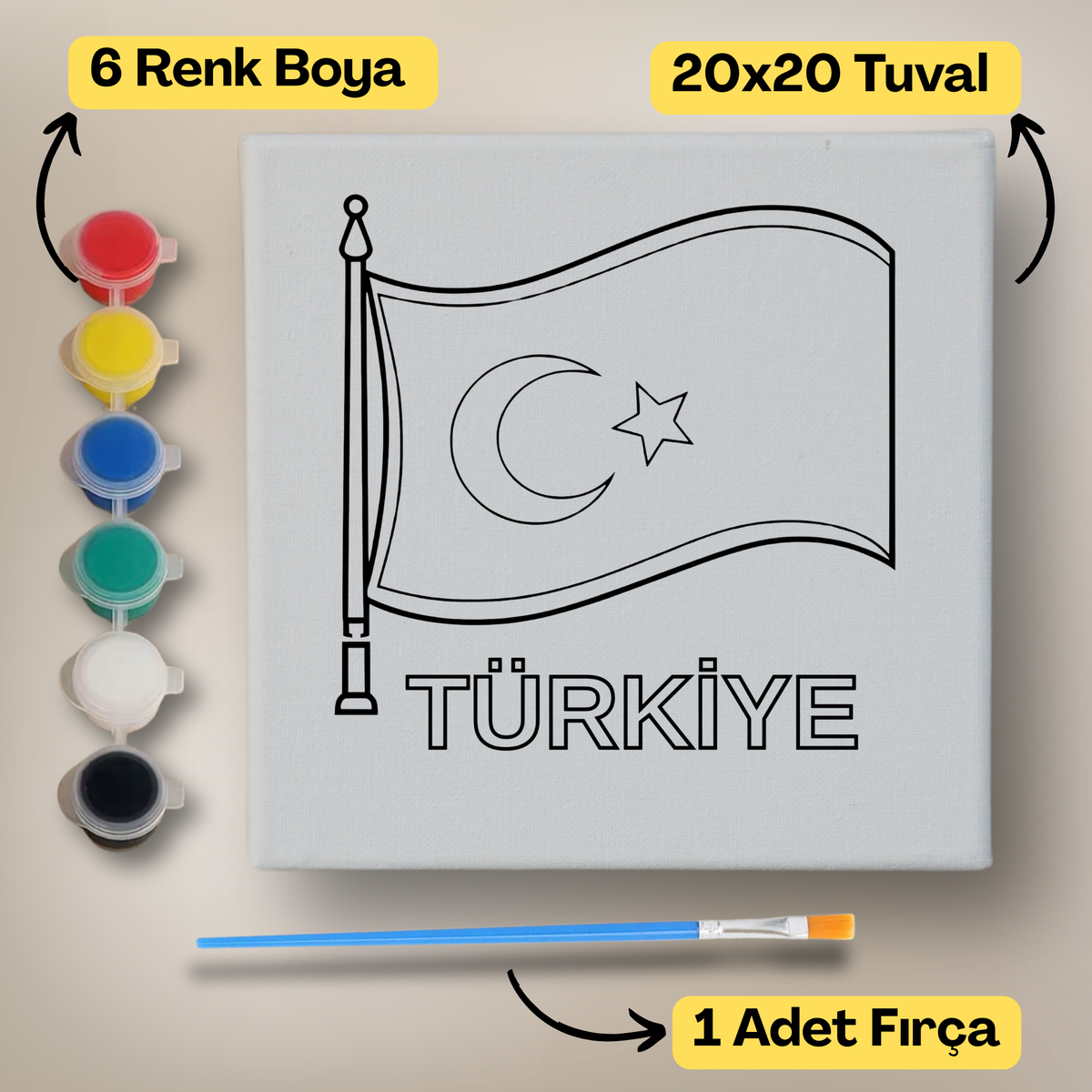 20x20 Çocuklar İçin Boyama Tuvali Seti – 6 Renk Boya + Fırça Dahil - 167 ürün görseli
