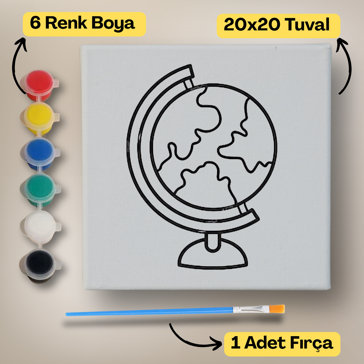 20x20 Çocuklar İçin Boyama Tuvali Seti – 6 Renk Boya + Fırça Dahil - 170 ürün görseli