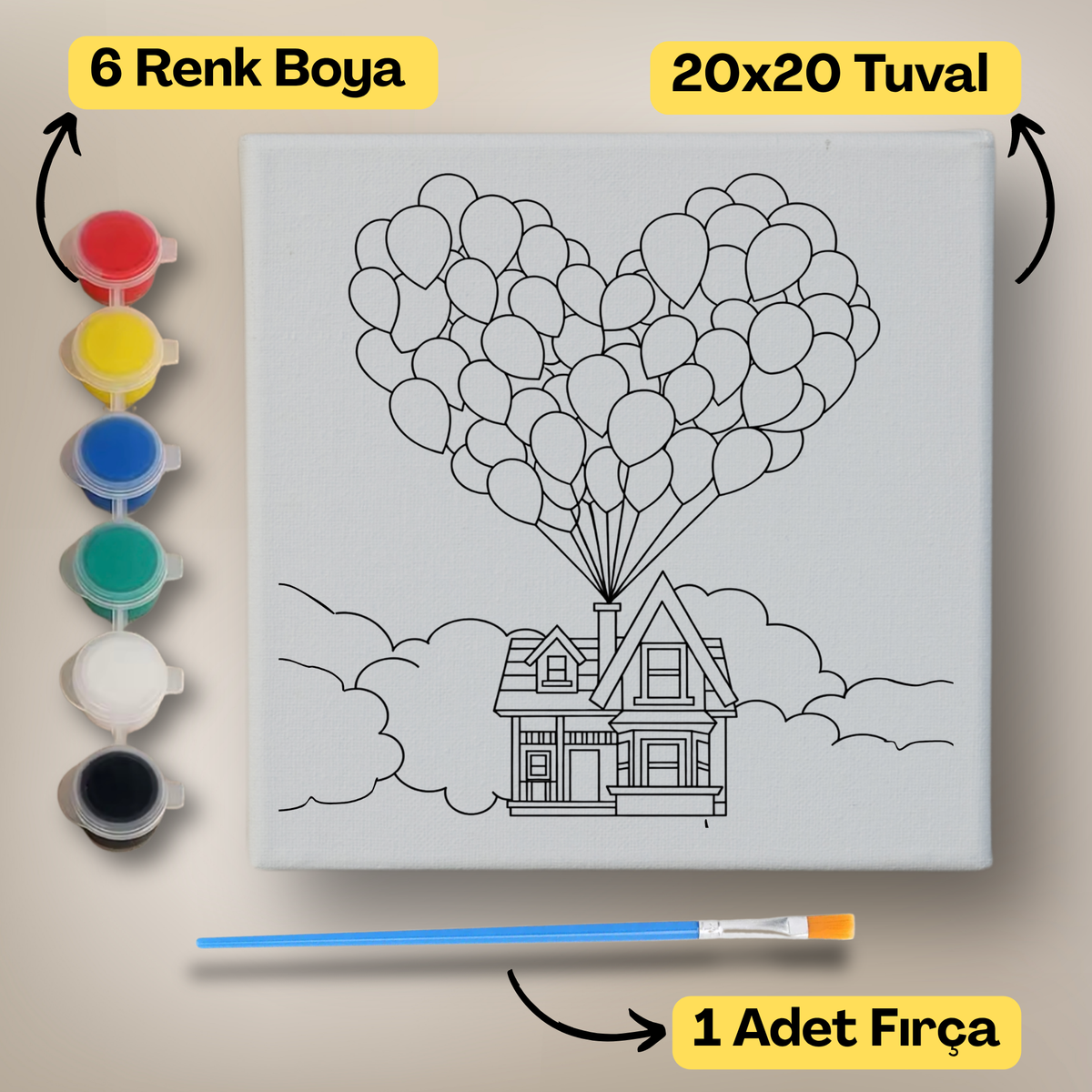 20x20 Çocuklar İçin Boyama Tuvali Seti – 6 Renk Boya + Fırça Dahil - 194 ürün görseli