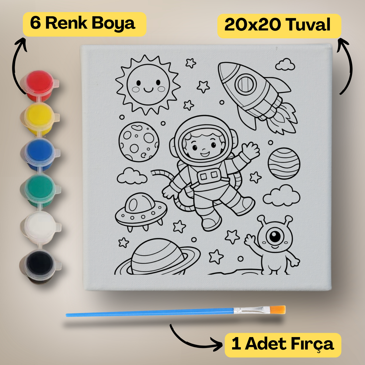 20x20 Çocuklar İçin Boyama Tuvali Seti – 6 Renk Boya + Fırça Dahil - 197 ürün görseli