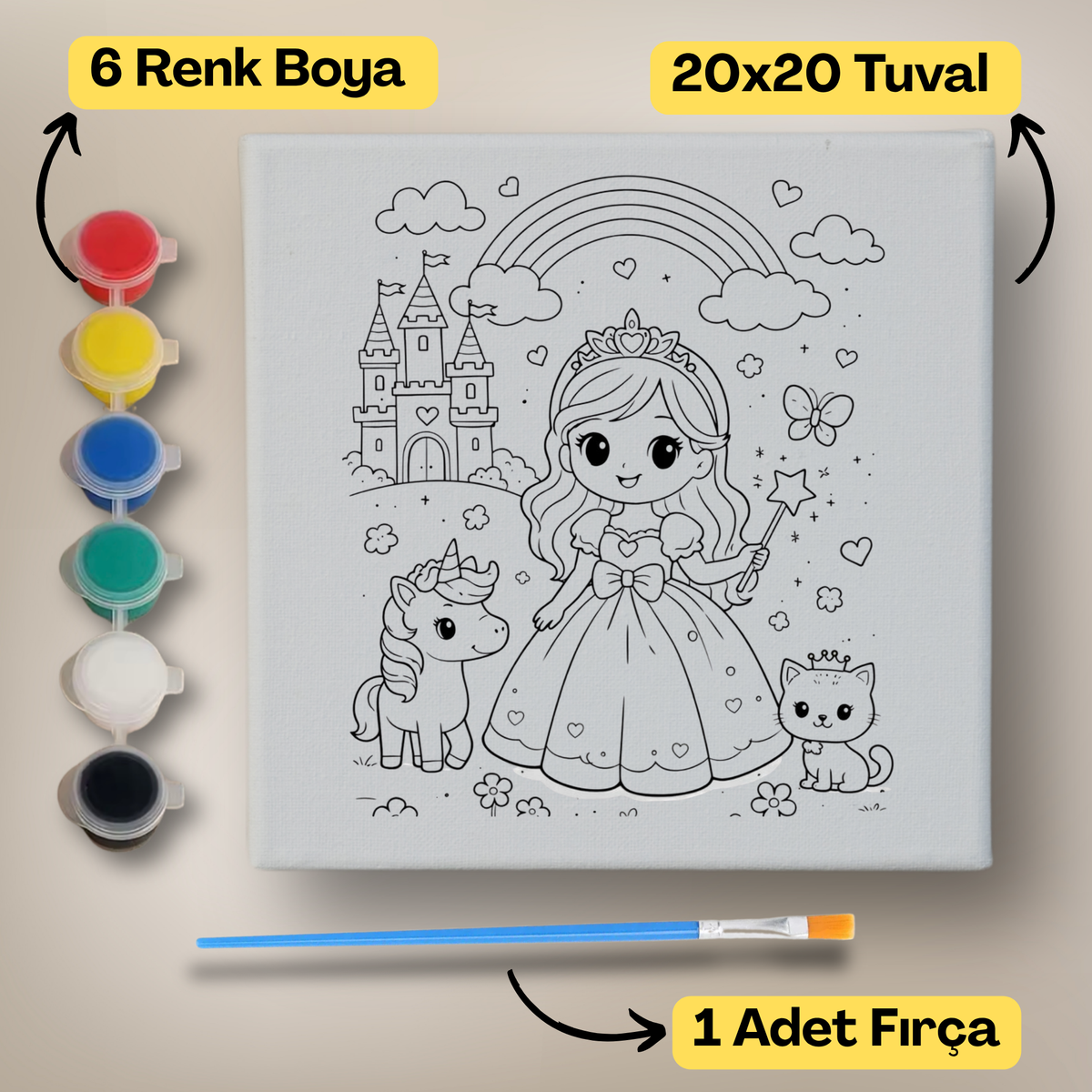 20x20 Çocuklar İçin Boyama Tuvali Seti – 6 Renk Boya + Fırça Dahil - 218 ürün görseli