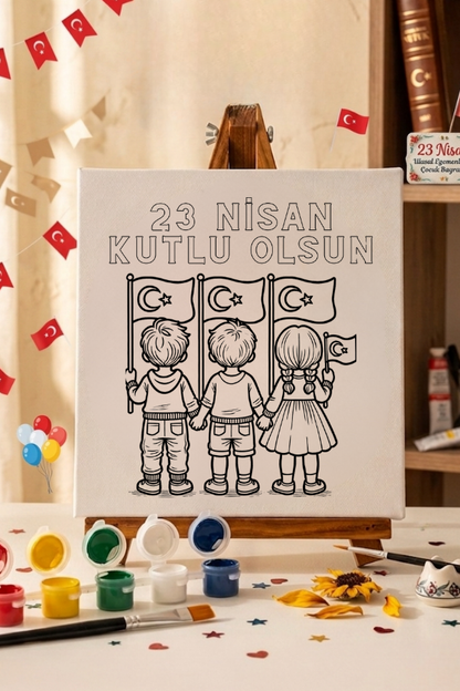 23 Nisan Kutlu Olsun Boyama Seti - Bayraklı Çocuklar Temalı Tuval ve Boya Seti