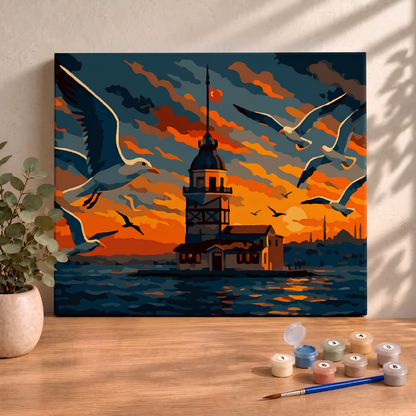 Sayılarla Boyama Seti 40x50 Cm (Çıtalı) Fırça Boya Dahil Numaralı Tuval-Kız Kulesi Martı