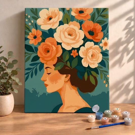 Sayılarla Boyama Seti 40x50 Cm (Çıtalı) Fırça Boya Dahil Numaralı Tuval-Çiçekli Kadın