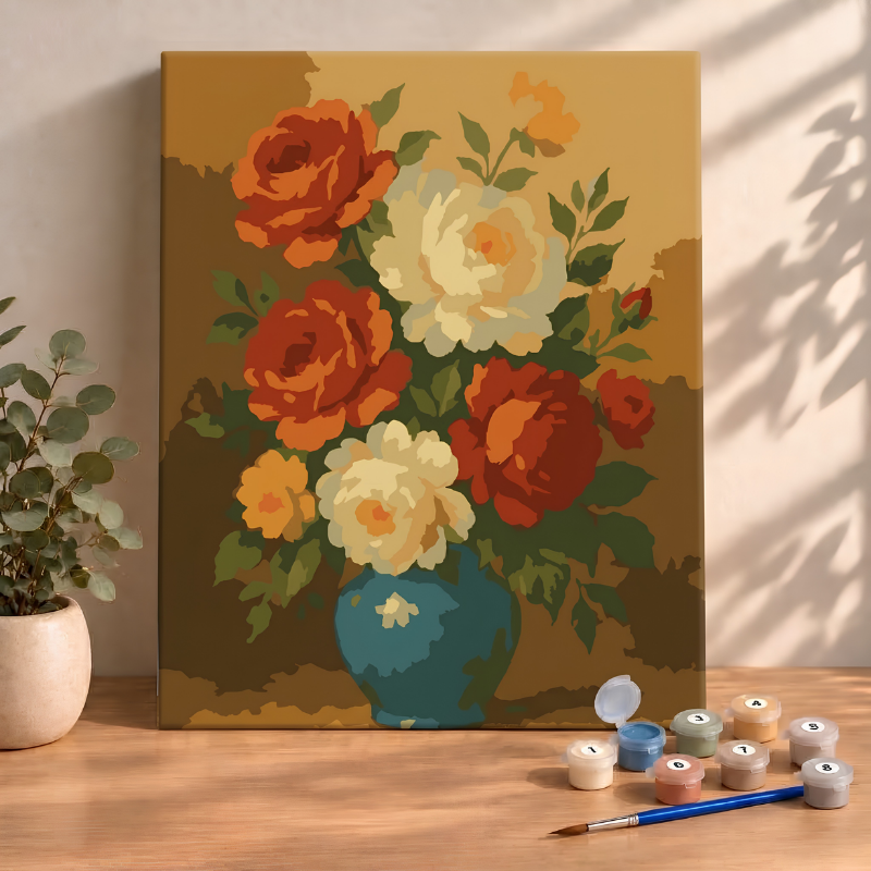 Sayılarla Boyama Seti 40x50 Cm (Çıtalı) Fırça Boya Dahil Numaralı Tuval-Çiçekli Vazo