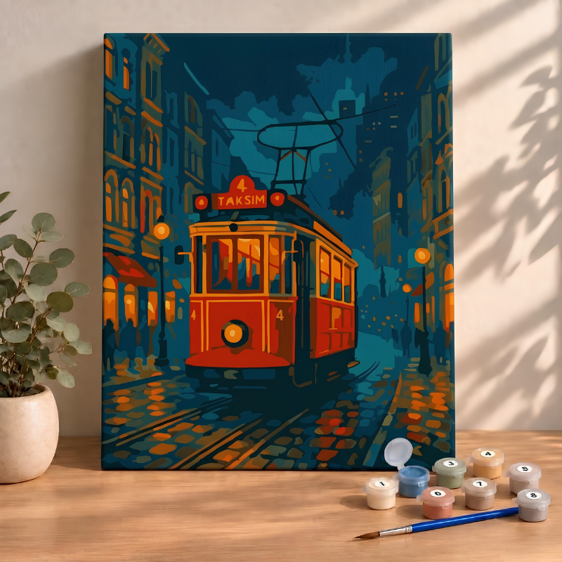 Sayılarla Boyama Seti 40x50 Cm (Çıtalı) Fırça Boya Dahil Numaralı Tuval-Taksim Tramvay