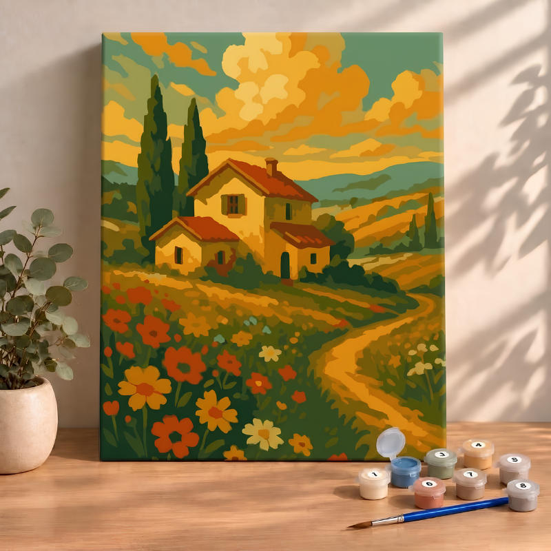 Sayılarla Boyama Seti 40x50 Cm (Çıtalı) Fırça Boya Dahil Numaralı Tuval-Huzurlu Ev