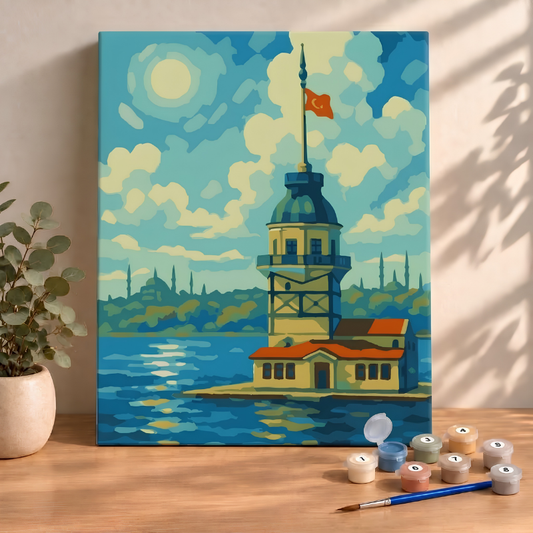 Sayılarla Boyama Seti 40x50 Cm (Çıtalı) Fırça Boya Dahil Numaralı Tuval-Efsane Kız Kulesi