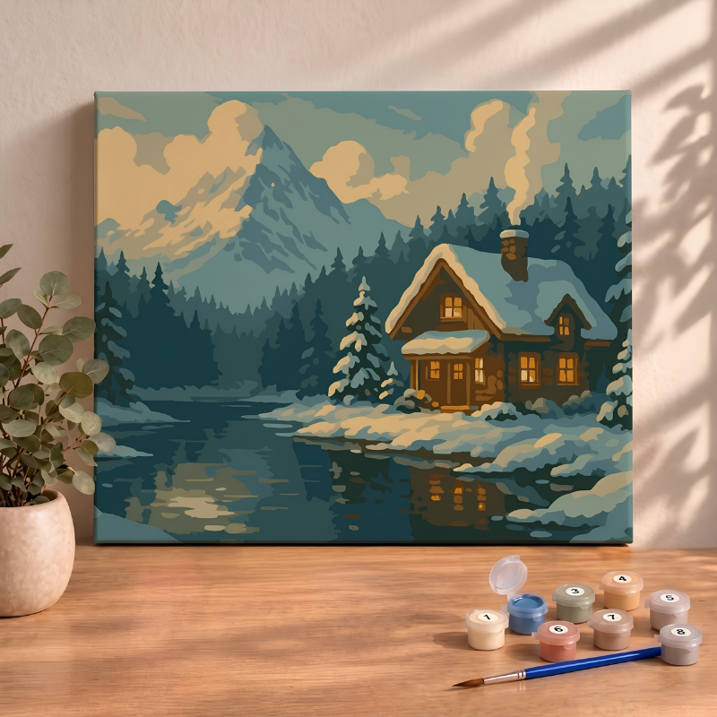 Sayılarla Boyama Seti 40x50 Cm (Çıtalı) Fırça Boya Dahil Numaralı Tuval-Huzurlu Kış Evi