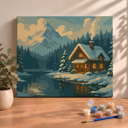 Sayılarla Boyama Seti 40x50 Cm (Çıtalı) Fırça Boya Dahil Numaralı Tuval-Huzurlu Kış Evi