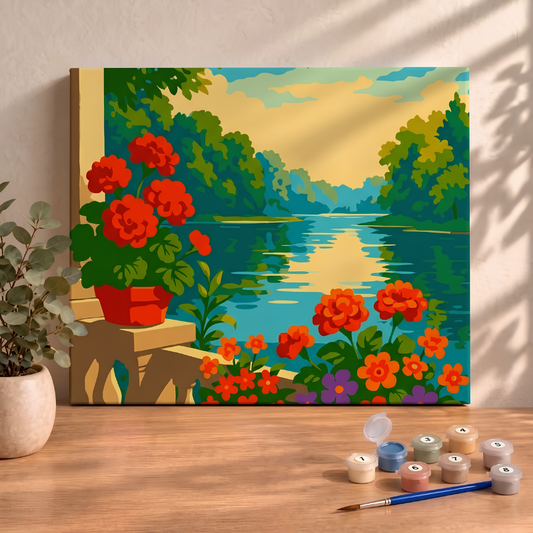Sayılarla Boyama Seti 40x50 Cm (Çıtalı) Fırça Boya Dahil Numaralı Tuval-Çiçekli Göl Evi