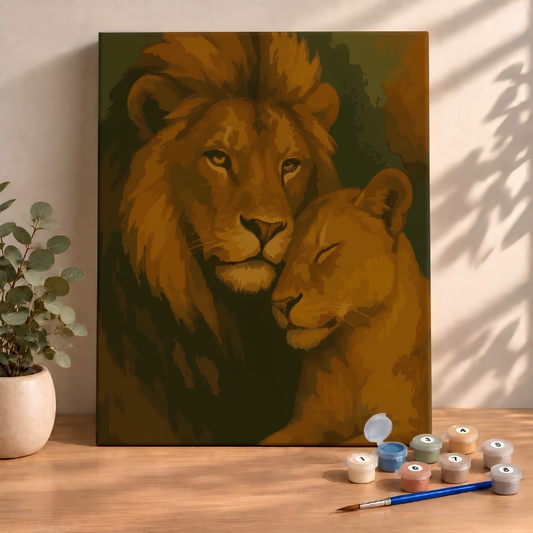 Sayılarla Boyama Seti 40x50 Cm (Çıtalı) Fırça Boya Dahil Numaralı Tuval-Aslan ve Yavrusu