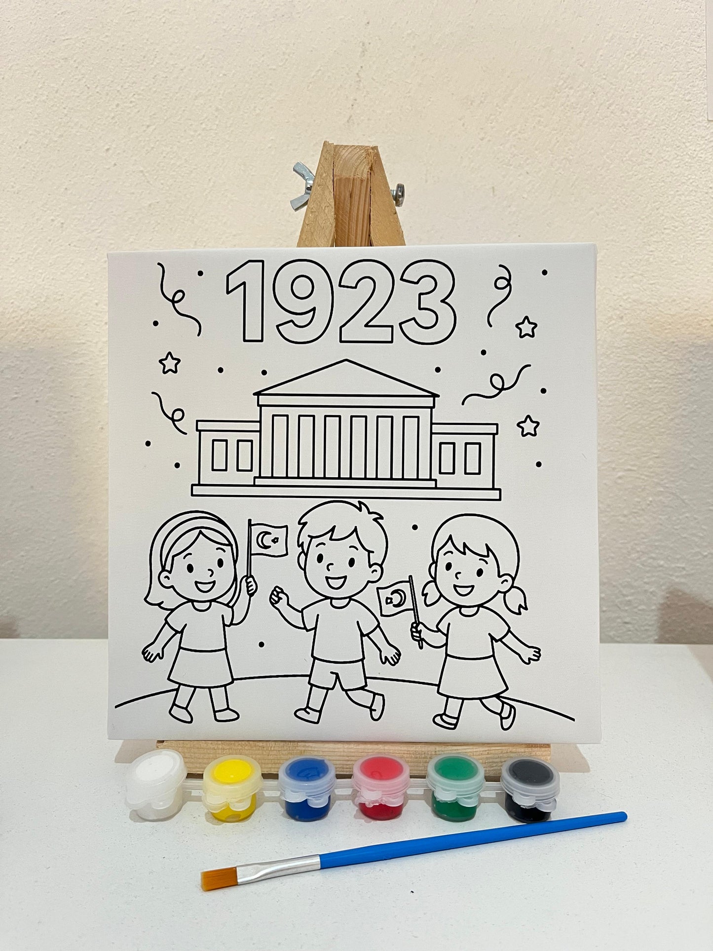 1923 Cumhuriyet Bayramı Temalı 20x20 Boyama Seti,Şovaleli – Çocuklar İçin Atatürk Anıtı & Bayraklı Kanvas-