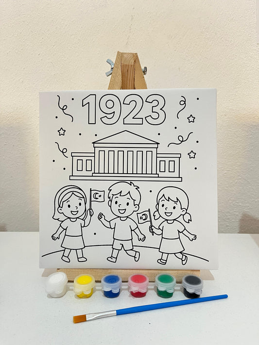 1923 Cumhuriyet Bayramı Temalı 20x20 Boyama Seti,Şovaleli – Çocuklar İçin Atatürk Anıtı & Bayraklı Kanvas-