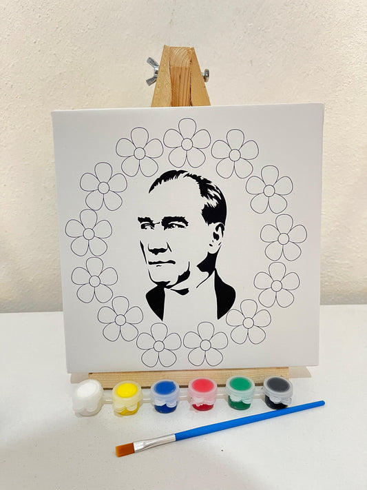 Atatürk Portresi 20x20 Boyama Seti,Şovaleli – 29 Ekim Cumhuriyet Bayramı Temalı Çiçekli Kanvas