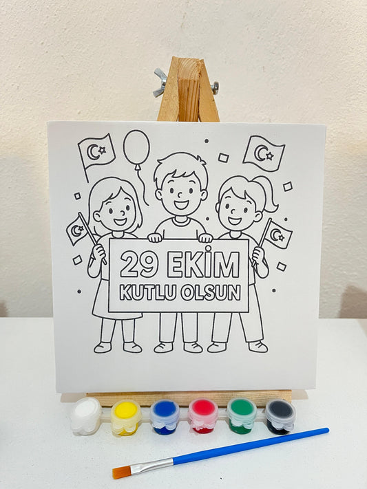 29 Ekim Kutlu Olsun 20x20 Boyama Seti,Şovaleli – Çocuklar İçin Cumhuriyet Bayramı Temalı Kanvas