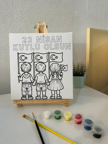 23 Nisan Kutlu Olsun Boyama Seti - Bayraklı Çocuklar Temalı Tuval ve Boya Seti