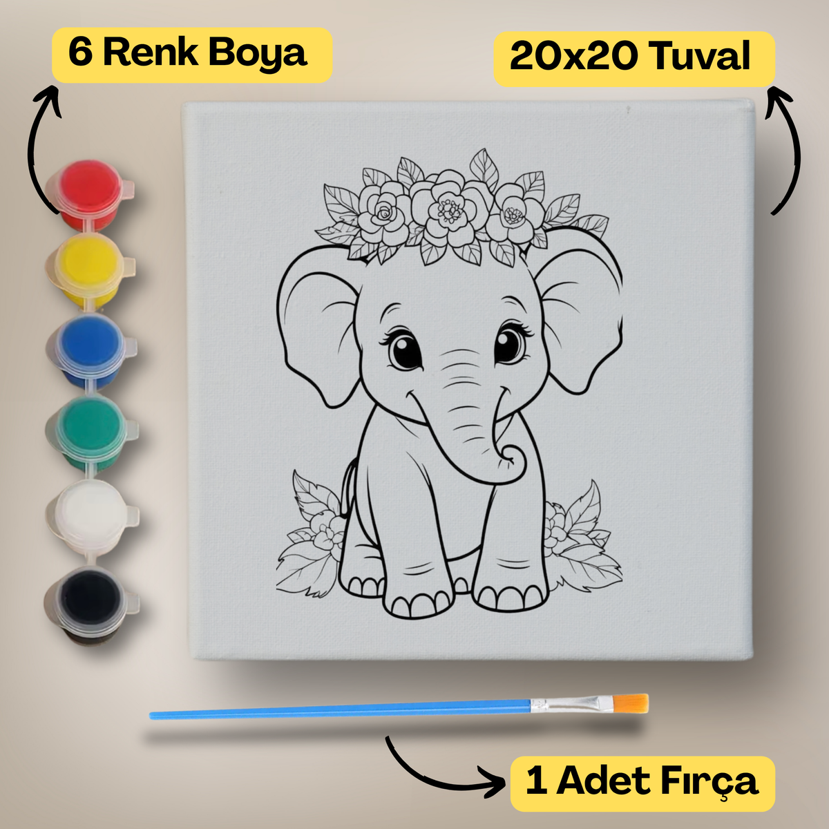 20x20 Çocuklar İçin Boyama Tuvali Seti – 6 Renk Boya + Fırça Dahil - a13 ürün görseli