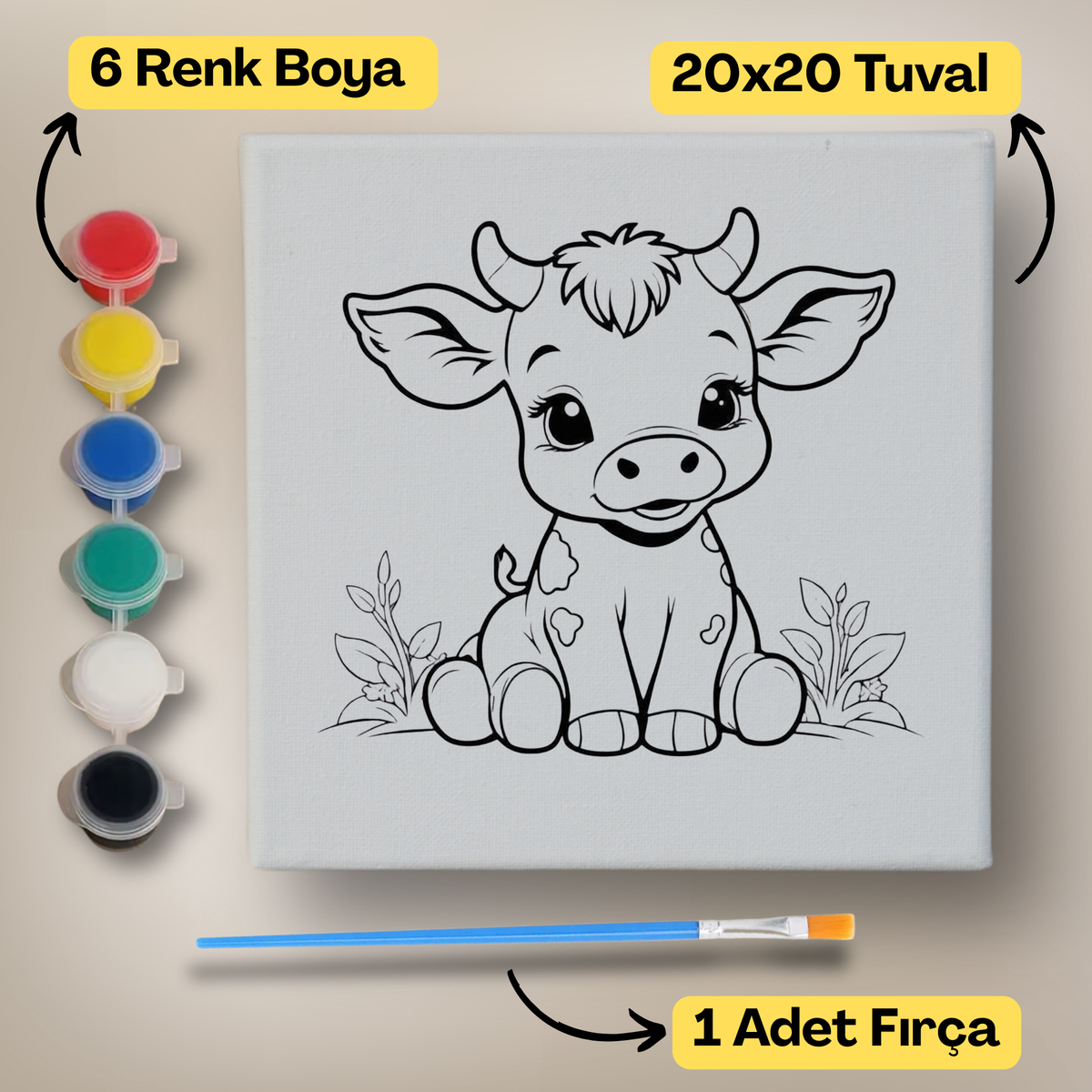20x20 Çocuklar İçin Boyama Tuvali Seti – 6 Renk Boya + Fırça Dahil - a18 ürün görseli