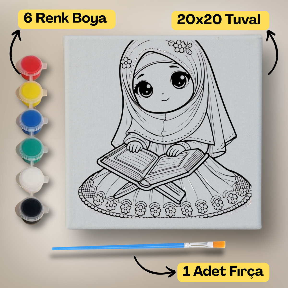 20x20 Çocuklar İçin Boyama Tuvali Seti – 6 Renk Boya + Fırça Dahil - a4 ürün görseli