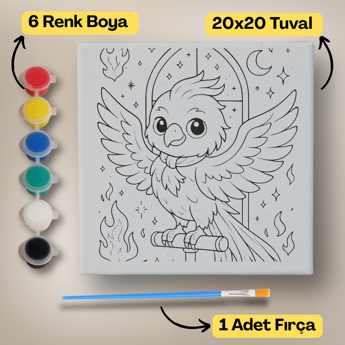20x20 Çocuklar İçin Boyama Tuvali Seti – 6 Renk Boya + Fırça Dahil - a9 ürün görseli