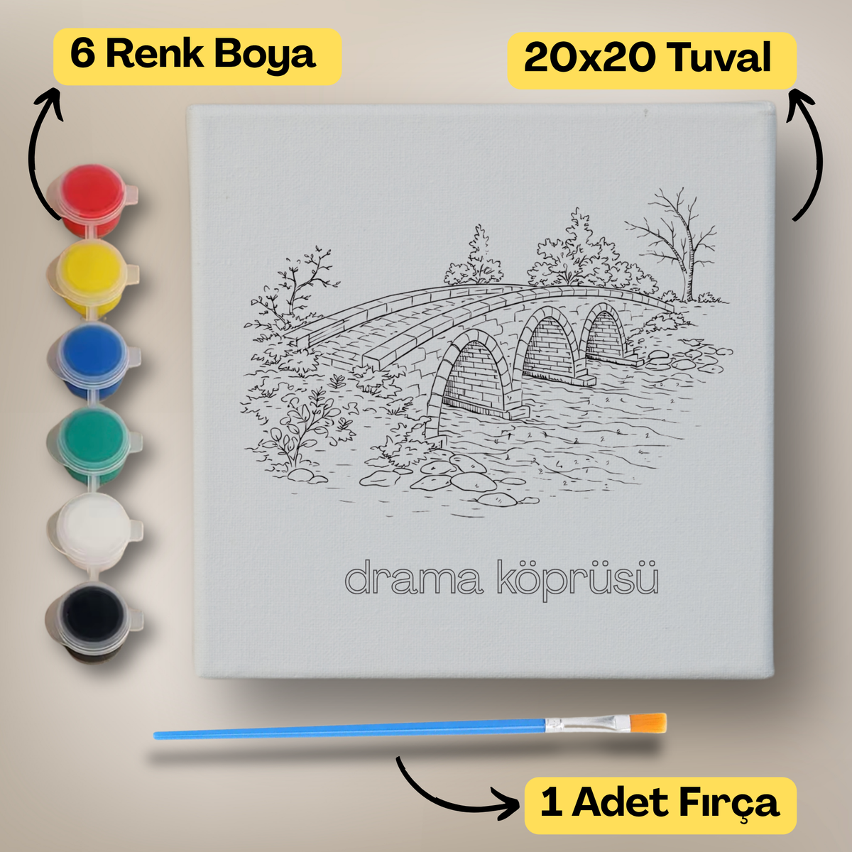 20x20 Çocuklar İçin Boyama Tuvali Seti – 6 Renk Boya + Fırça Dahil - drama ürün görseli