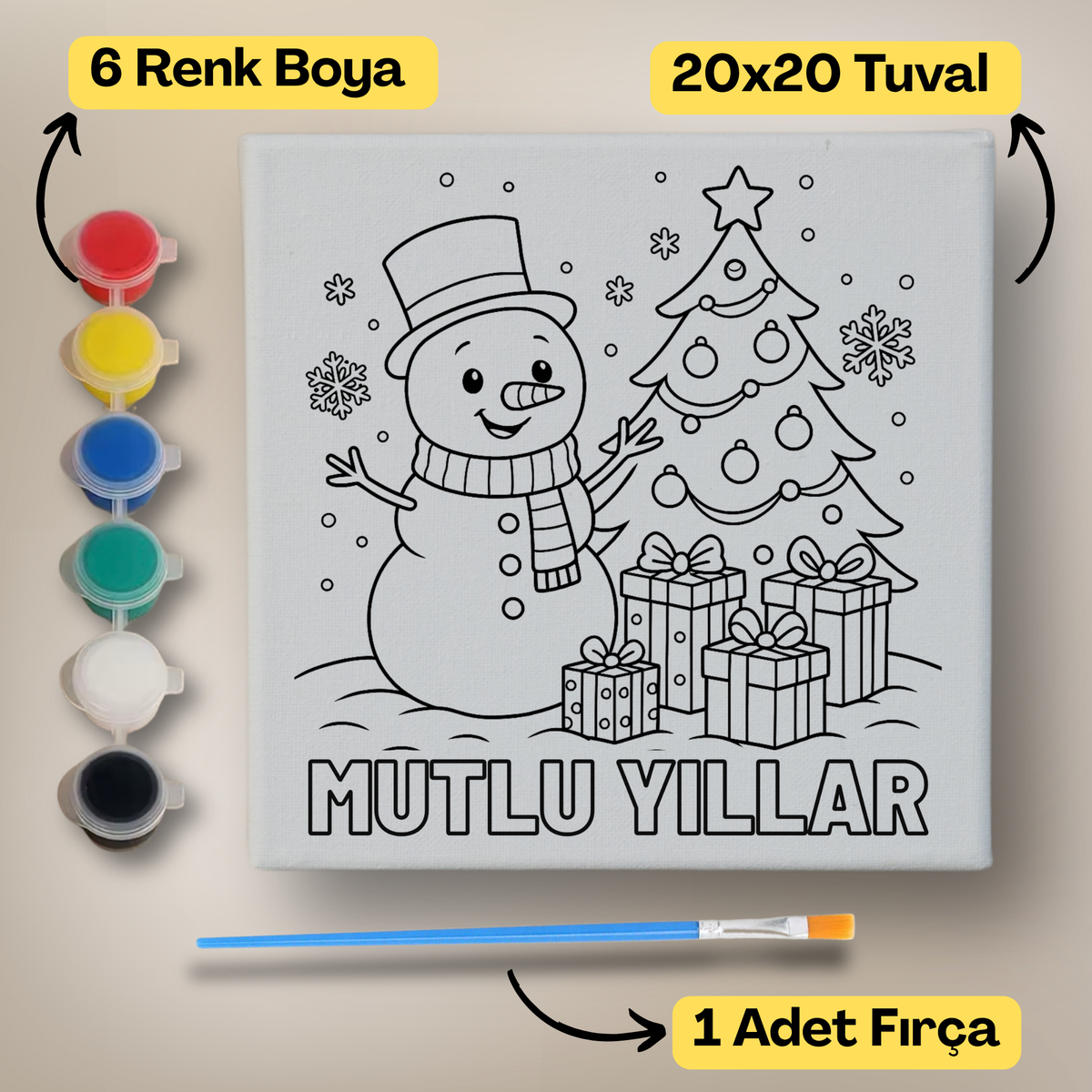 20x20 Çocuklar İçin Boyama Tuvali Seti – 6 Renk Boya + Fırça Dahil - noel-1 ürün görseli
